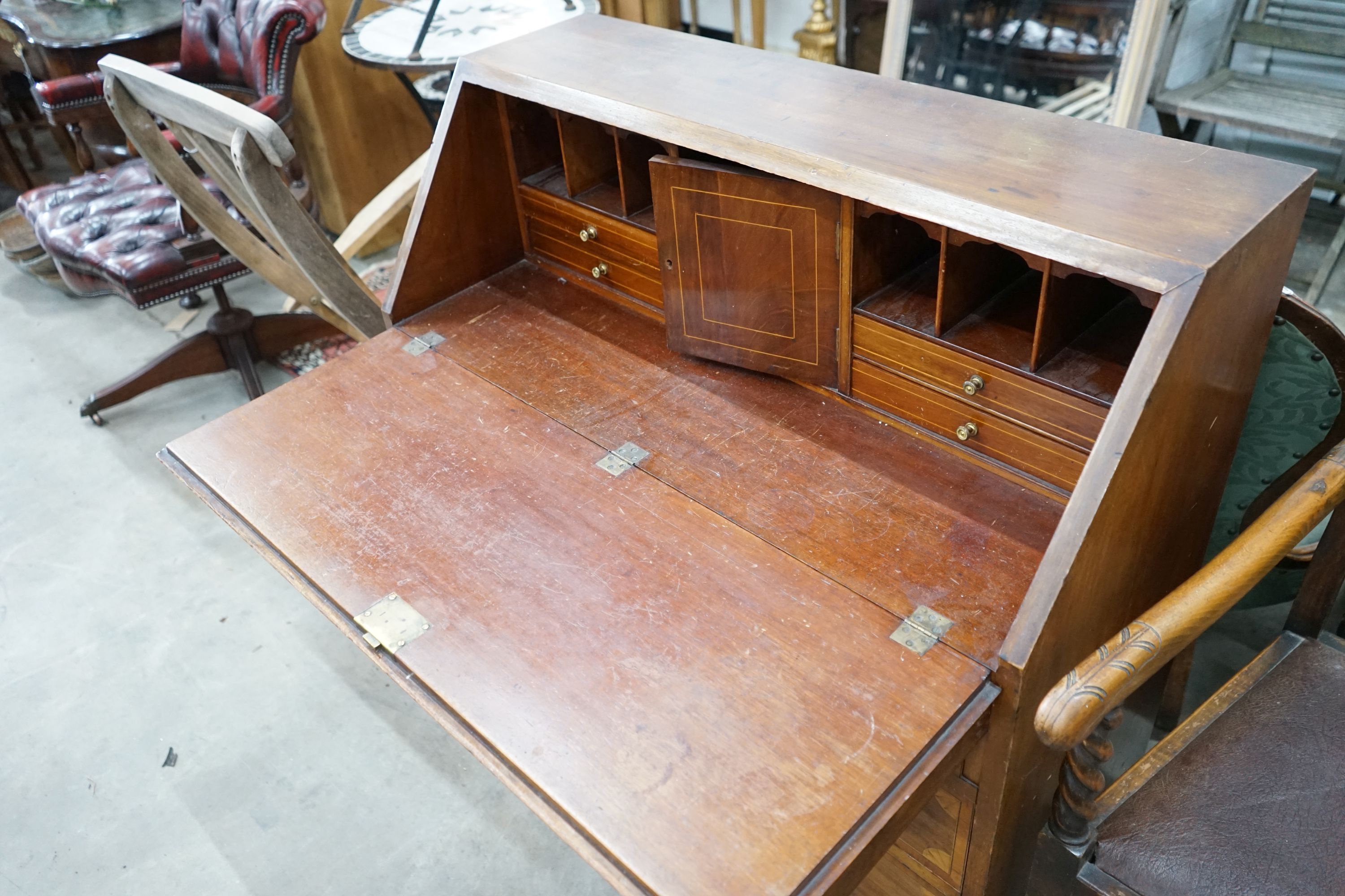 An Edwardian satinwood banded mahogany bureau, width 91cm, depth 41cm, height 99cm